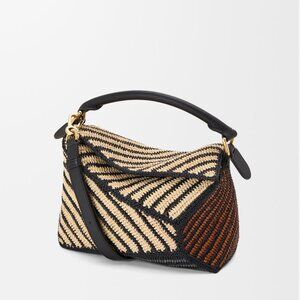 NWT Loewe Small Puzzle Bag In Raffia and Calfskin